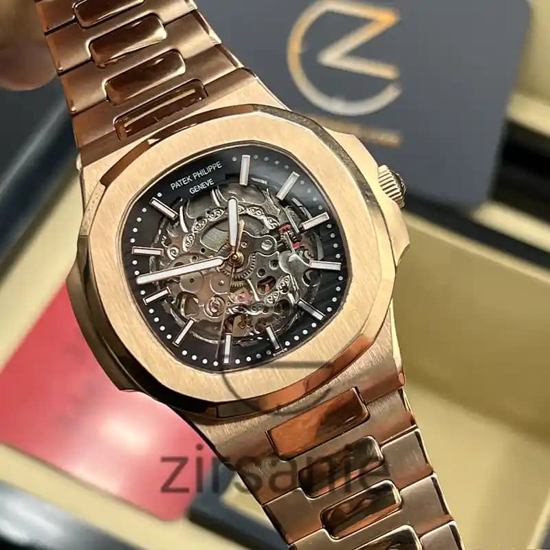 ساعت مچی مردانه پتک فیلیپ ناتیلوس اسکلتون اتومات رزگلد صفحه مشکی Patek Philippe Nautilus Skeleton Automatic RoseGold Black Screen — تصویر ۶