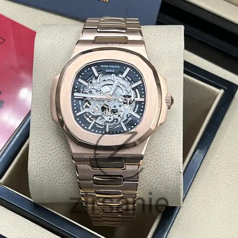 ساعت مچی مردانه پتک فیلیپ ناتیلوس اسکلتون اتومات رزگلد صفحه مشکی Patek Philippe Nautilus Skeleton Automatic RoseGold Black Screen — تصویر ۳
