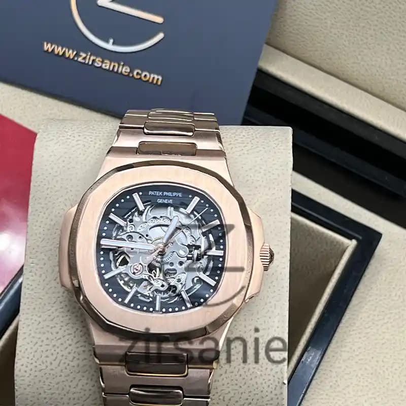 ساعت مچی مردانه پتک فیلیپ ناتیلوس اسکلتون اتومات رزگلد صفحه مشکی Patek Philippe Nautilus Skeleton Automatic RoseGold Black Screen — تصویر ۲