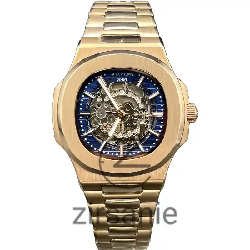 ساعت مچی مردانه پتک فیلیپ ناتیلوس اسکلتون اتومات رزگلد صفحه آبی Patek Philippe Nautilus Skeleton Automatic RoseGold Blue Screen
