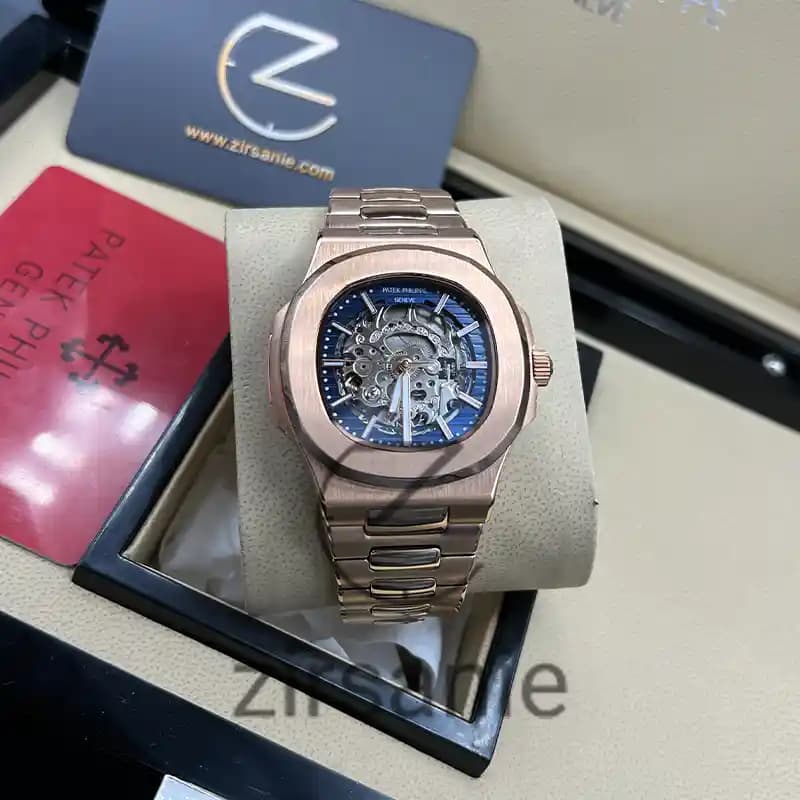 ساعت مچی مردانه پتک فیلیپ ناتیلوس اسکلتون اتومات رزگلد صفحه آبی Patek Philippe Nautilus Skeleton Automatic RoseGold Blue Screen — تصویر ۶