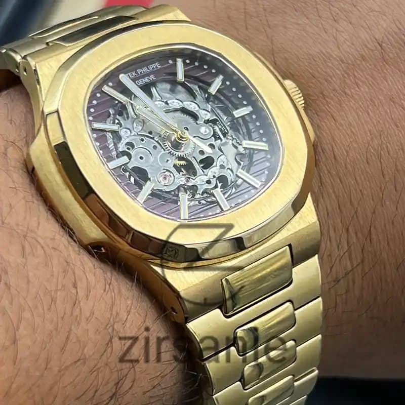 ساعت مچی مردانه پتک فیلیپ ناتیلوس اسکلتون اتومات طلایی صفحه قهوه ای Patek Philippe Nautilus Skeleton Automatic Golden Brown Screen — تصویر ۸