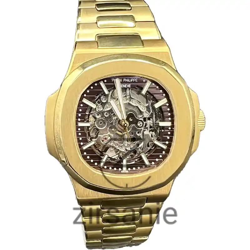 ساعت مچی مردانه پتک فیلیپ ناتیلوس اسکلتون اتومات طلایی صفحه قهوه ای Patek Philippe Nautilus Skeleton Automatic Golden Brown Screen