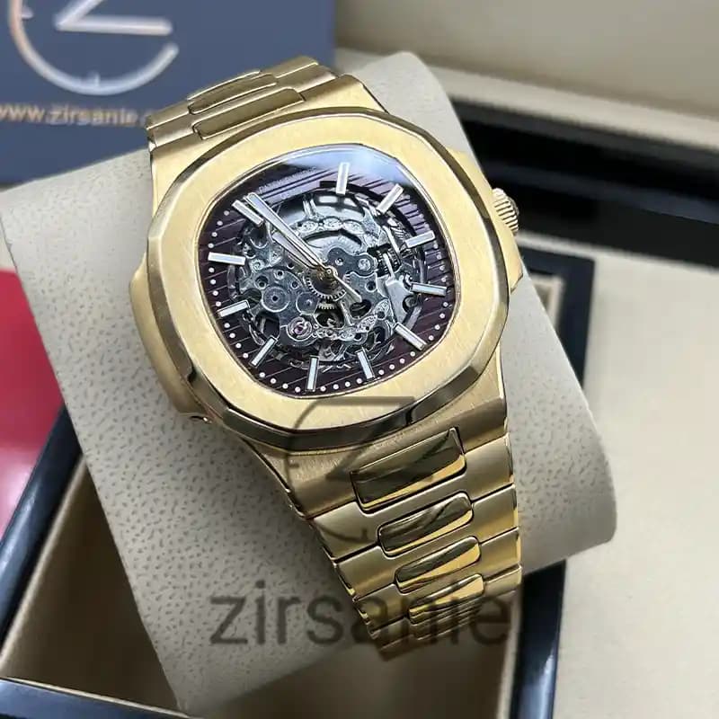 ساعت مچی مردانه پتک فیلیپ ناتیلوس اسکلتون اتومات طلایی صفحه قهوه ای Patek Philippe Nautilus Skeleton Automatic Golden Brown Screen — تصویر ۲