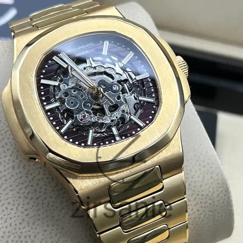 ساعت مچی مردانه پتک فیلیپ ناتیلوس اسکلتون اتومات طلایی صفحه قهوه ای Patek Philippe Nautilus Skeleton Automatic Golden Brown Screen — تصویر ۴
