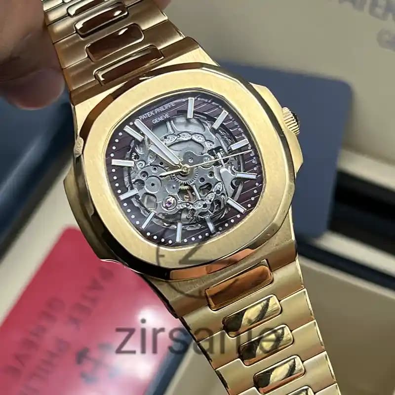 ساعت مچی مردانه پتک فیلیپ ناتیلوس اسکلتون اتومات طلایی صفحه قهوه ای Patek Philippe Nautilus Skeleton Automatic Golden Brown Screen — تصویر ۶
