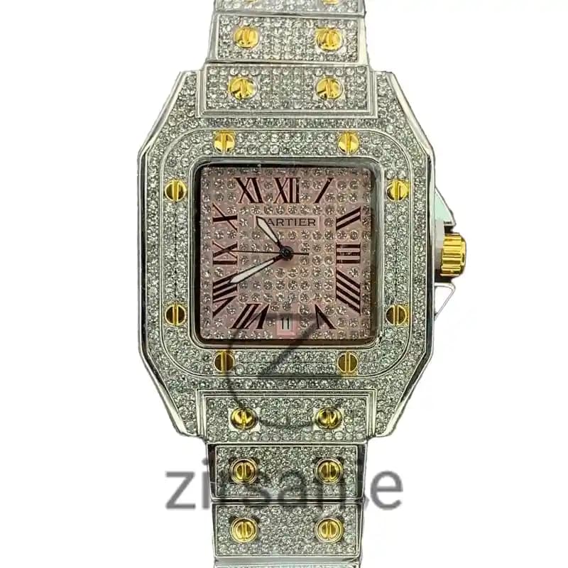 ساعت مچی زنانه کارتیر فول نگین سیلور صفحه صورتی Cartier Full Daimand Silver Pink Screen