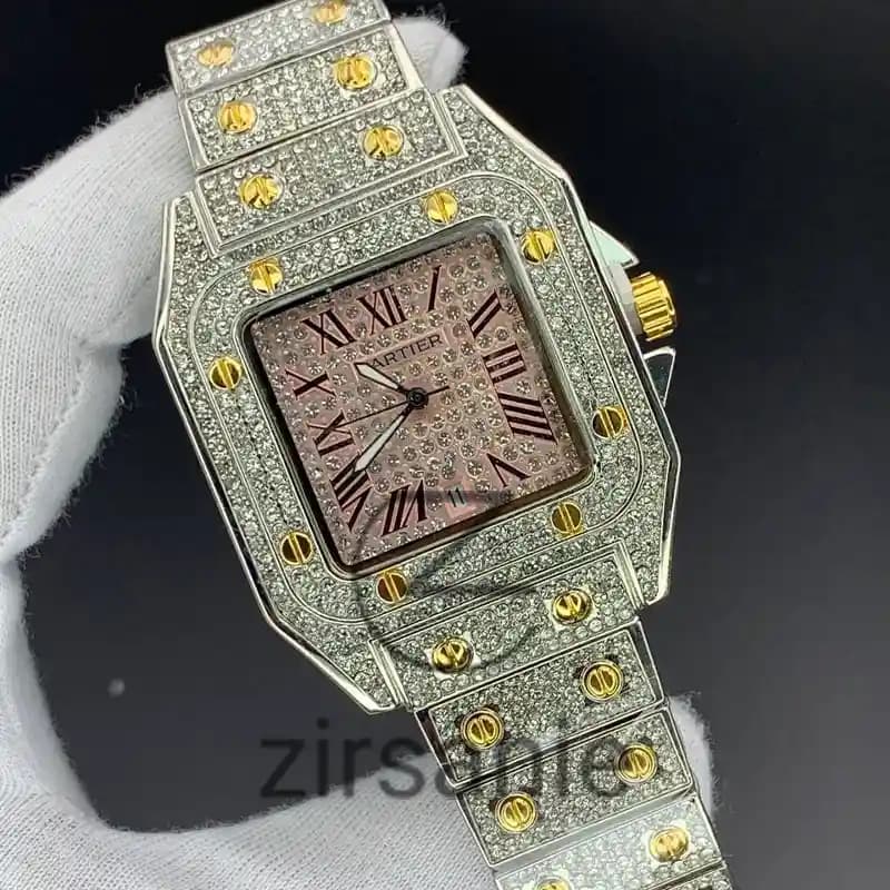 ساعت مچی زنانه کارتیر فول نگین سیلور صفحه صورتی Cartier Full Daimand Silver Pink Screen — تصویر ۲