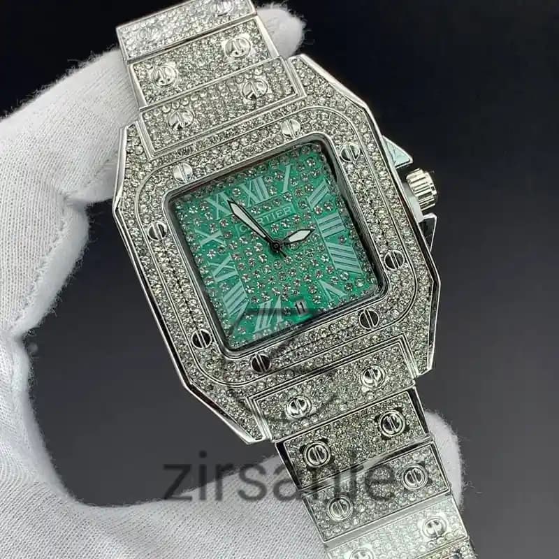 ساعت مچی زنانه کارتیر فول نگین سیلور صفحه سبز Cartier Full Daimand Silver Green Screen — تصویر ۲