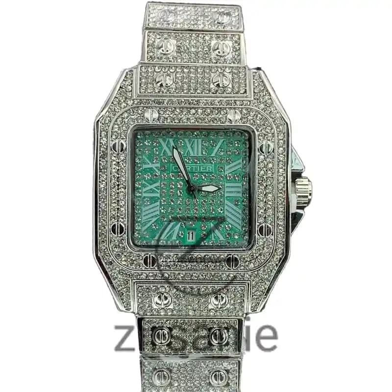 ساعت مچی زنانه کارتیر فول نگین سیلور صفحه سبز Cartier Full Daimand Silver Green Screen