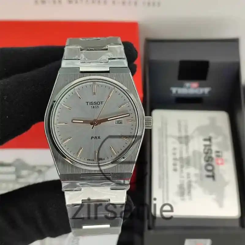 ساعت مچی مردانه تیسوت PRX سیلور صفحه سفید اندکس رزگلد Tissot PRX Gold Silver White Screen RoseGold Index — تصویر ۲