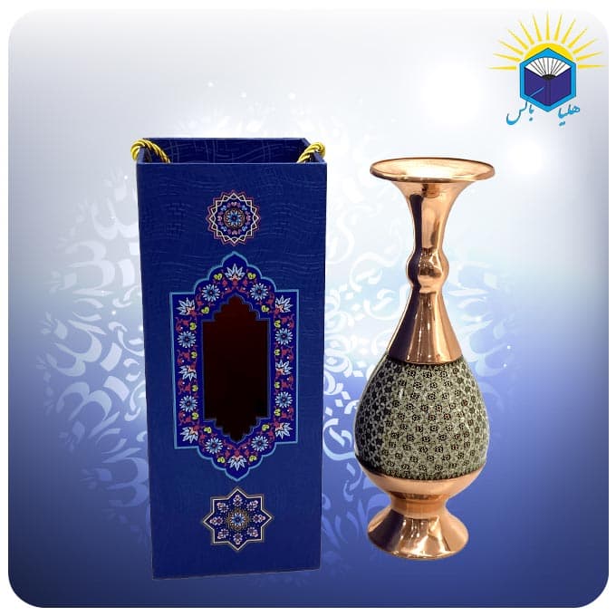 گلدان صراحی مس و خاتم ۲۵ سانتی‌متری با ساک دستی MDF گالینگور آبی