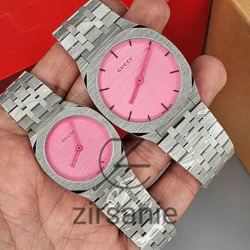 ساعت مچی زنانه و مردانه گوچی سیلور صفحه صورتی Gucci Silver Pink Screen — تصویر ۳