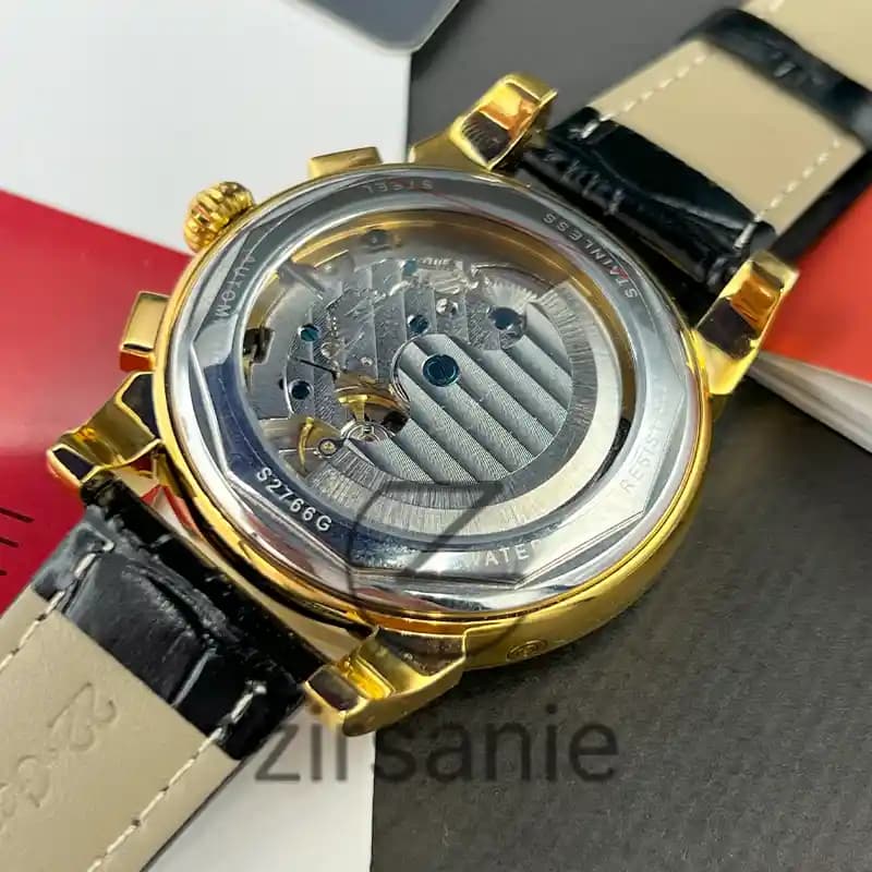 ساعت مچی مردانه پتک فیلیپ سه موتور اتوماتیک بند چرم طلایی صفحه مشکی Pattek philipe Automatic leather strap Gold Black Screen — تصویر ۵