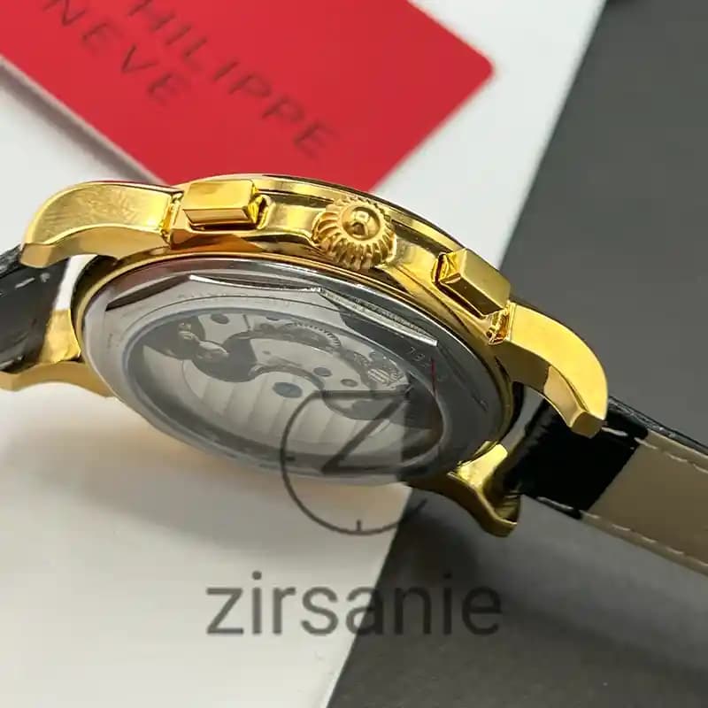 ساعت مچی مردانه پتک فیلیپ سه موتور اتوماتیک بند چرم طلایی صفحه مشکی Pattek philipe Automatic leather strap Gold Black Screen — تصویر ۷