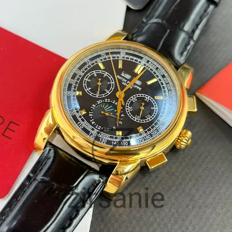 ساعت مچی مردانه پتک فیلیپ سه موتور اتوماتیک بند چرم طلایی صفحه مشکی Pattek philipe Automatic leather strap Gold Black Screen — تصویر ۳