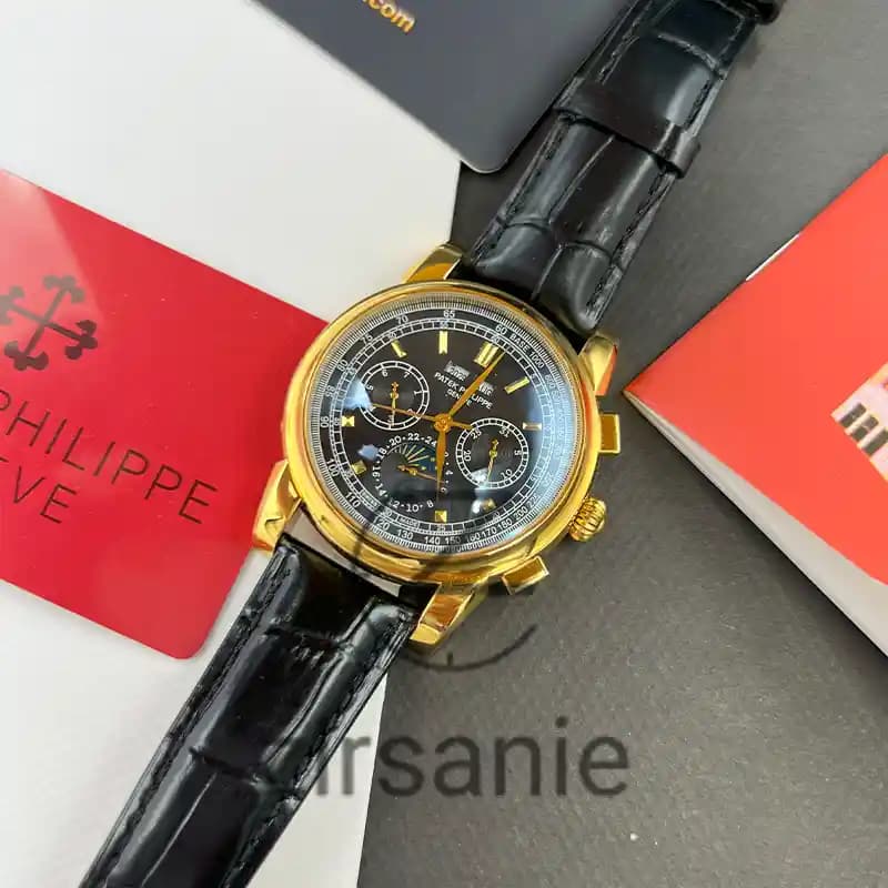 ساعت مچی مردانه پتک فیلیپ سه موتور اتوماتیک بند چرم طلایی صفحه مشکی Pattek philipe Automatic leather strap Gold Black Screen — تصویر ۲