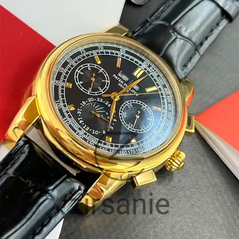 ساعت مچی مردانه پتک فیلیپ سه موتور اتوماتیک بند چرم طلایی صفحه مشکی Pattek philipe Automatic leather strap Gold Black Screen — تصویر ۴