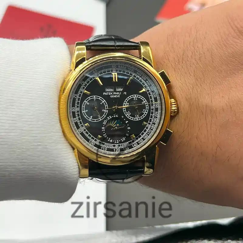 ساعت مچی مردانه پتک فیلیپ سه موتور اتوماتیک بند چرم طلایی صفحه مشکی Pattek philipe Automatic leather strap Gold Black Screen — تصویر ۸