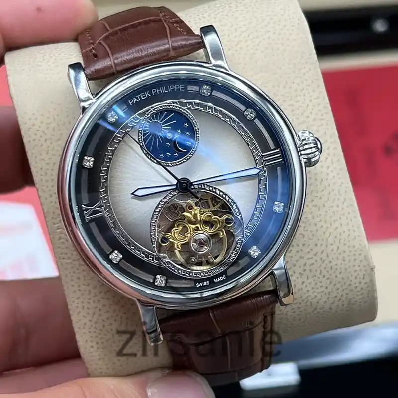 ساعت مچی مردانه پتک فیلیپ اتوماتیک بند چرم سیلور قهوه ای Pattek philipe Automatic Leather Strap Silver Brown — تصویر ۴