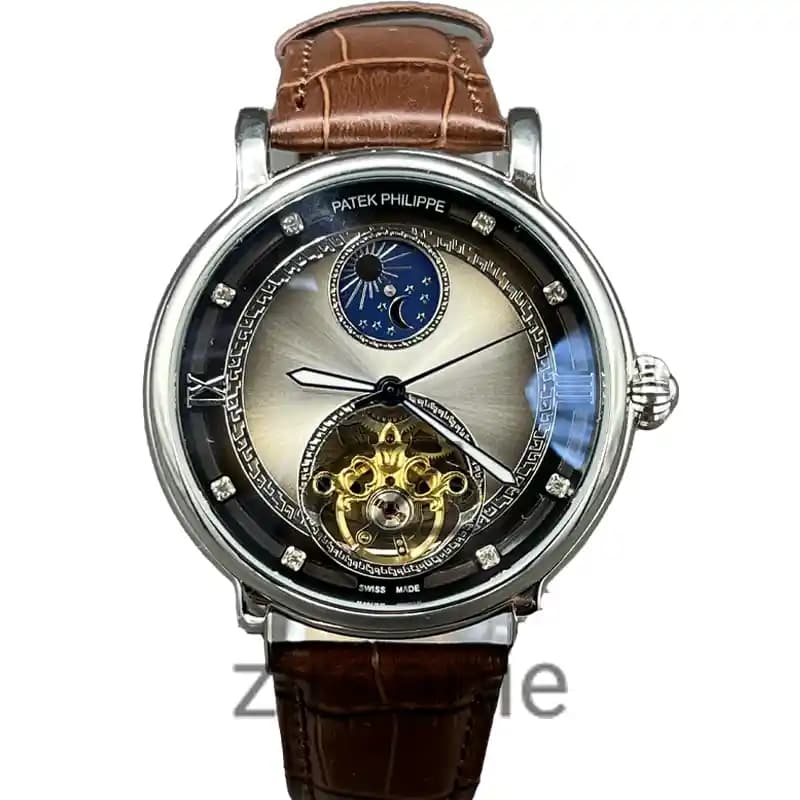 ساعت مچی مردانه پتک فیلیپ اتوماتیک بند چرم سیلور قهوه ای Pattek philipe Automatic Leather Strap Silver Brown