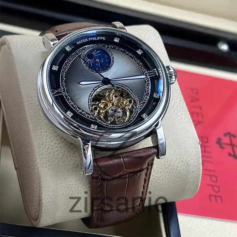 ساعت مچی مردانه پتک فیلیپ اتوماتیک بند چرم سیلور قهوه ای Pattek philipe Automatic Leather Strap Silver Brown — تصویر ۳
