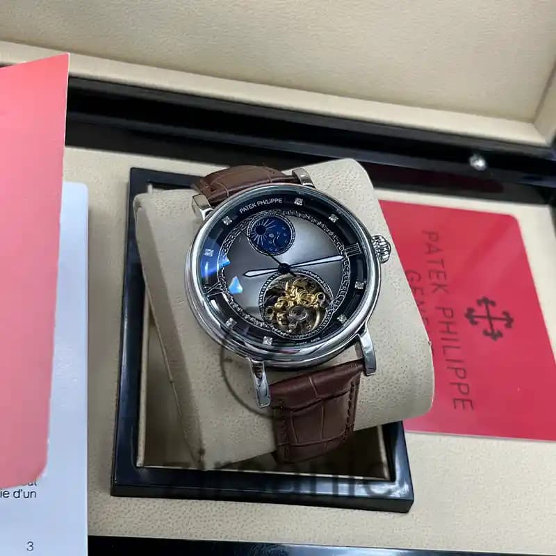 ساعت مچی مردانه پتک فیلیپ اتوماتیک بند چرم سیلور قهوه ای Pattek philipe Automatic Leather Strap Silver Brown — تصویر ۲