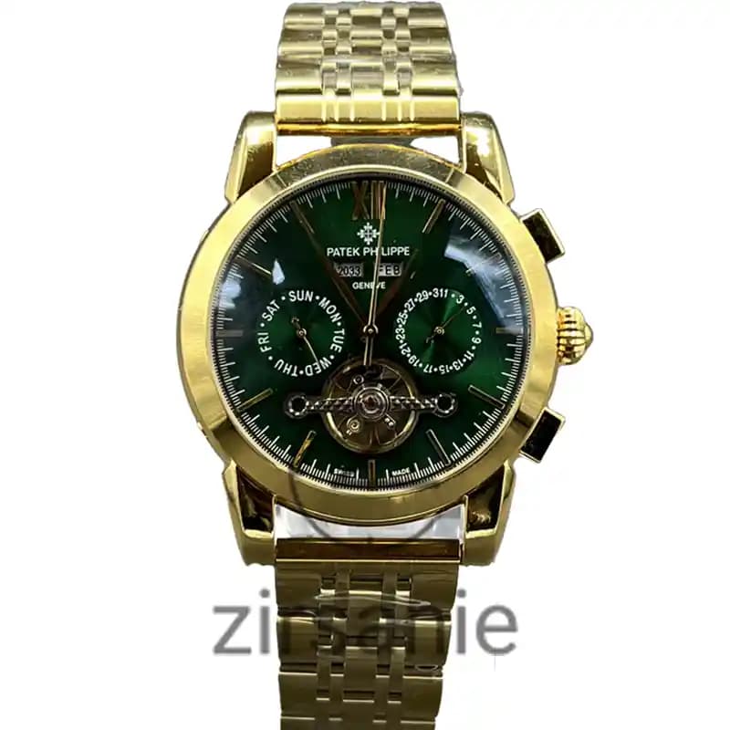 ساعت مچی مردانه پتک فیلیپ سه موتور اتوماتیک فلزی طلایی صفحه سبز Pattek philipe Automatic Metal Gold Green Screen