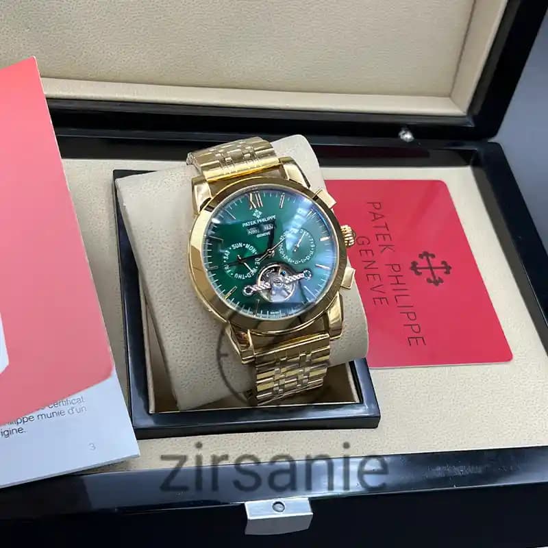 ساعت مچی مردانه پتک فیلیپ سه موتور اتوماتیک فلزی طلایی صفحه سبز Pattek philipe Automatic Metal Gold Green Screen — تصویر ۲