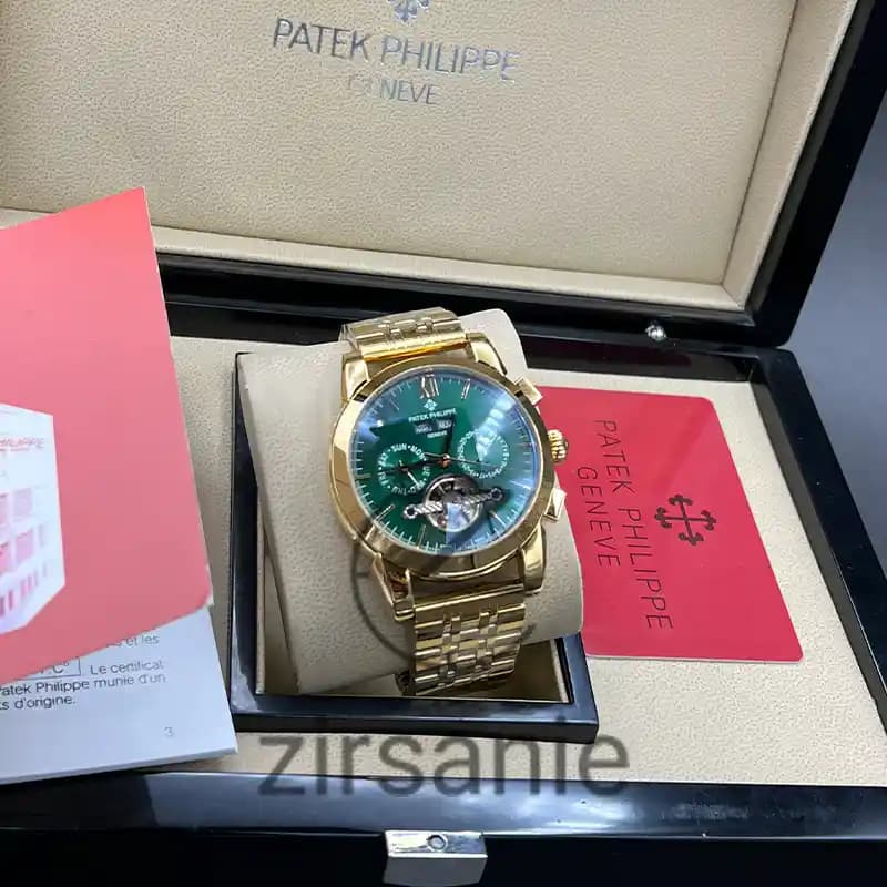 ساعت مچی مردانه پتک فیلیپ سه موتور اتوماتیک فلزی طلایی صفحه سبز Pattek philipe Automatic Metal Gold Green Screen — تصویر ۴