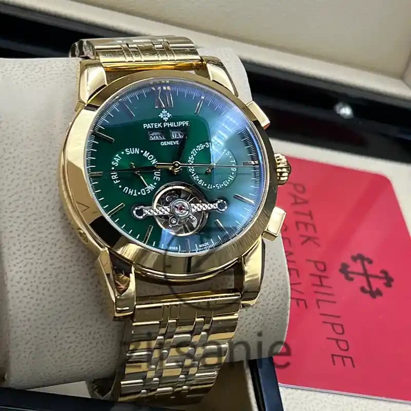 ساعت مچی مردانه پتک فیلیپ سه موتور اتوماتیک فلزی طلایی صفحه سبز Pattek philipe Automatic Metal Gold Green Screen — تصویر ۳