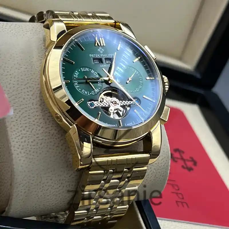 ساعت مچی مردانه پتک فیلیپ سه موتور اتوماتیک فلزی طلایی صفحه سبز Pattek philipe Automatic Metal Gold Green Screen — تصویر ۵