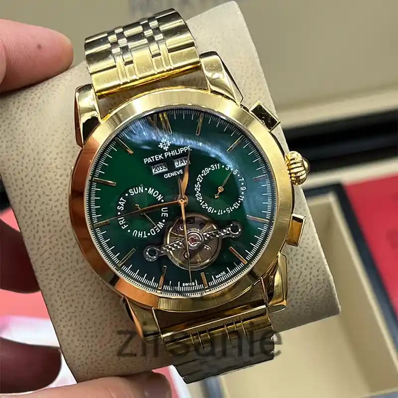 ساعت مچی مردانه پتک فیلیپ سه موتور اتوماتیک فلزی طلایی صفحه سبز Pattek philipe Automatic Metal Gold Green Screen — تصویر ۶