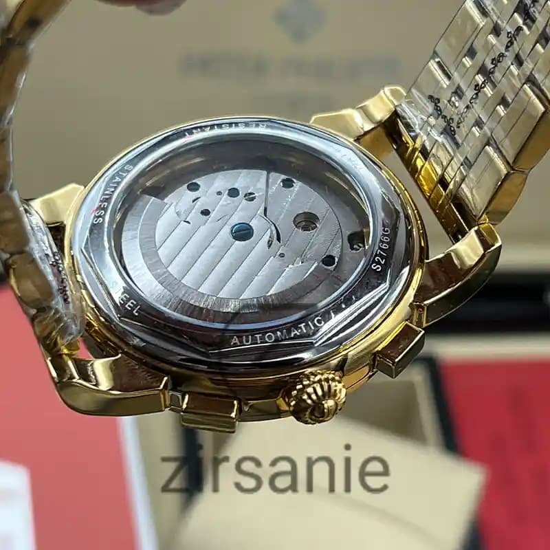 ساعت مچی مردانه پتک فیلیپ سه موتور اتوماتیک فلزی طلایی صفحه سبز Pattek philipe Automatic Metal Gold Green Screen — تصویر ۸