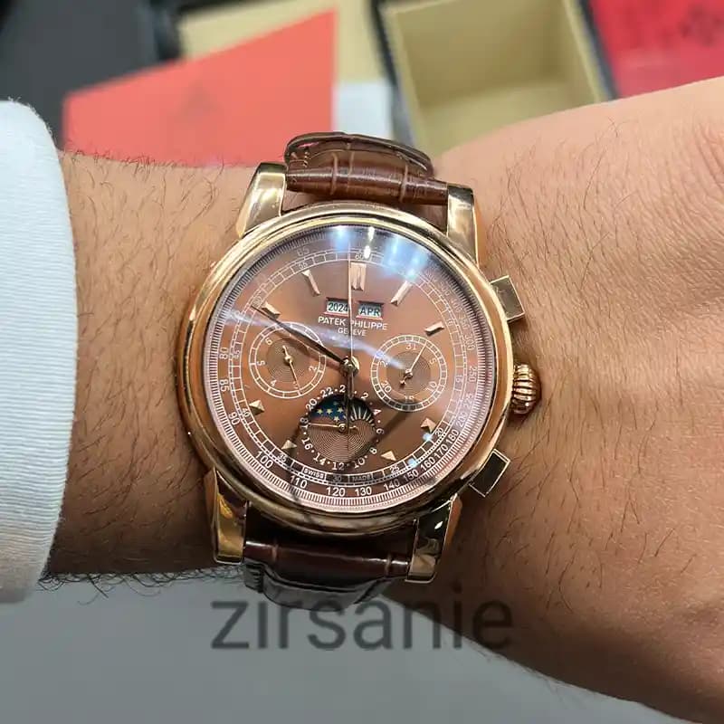 ساعت مچی مردانه پتک فیلیپ سه موتور اتوماتیک بند چرم رزگلد قهوه ای Pattek philipe Automatic leather strap RoseGold Brown — تصویر ۸
