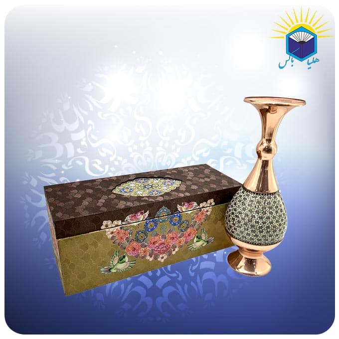 گلدان صراحی مس و خاتم‌کاری ۲۵ سانتی‌متری با جعبه MDF گالینگور