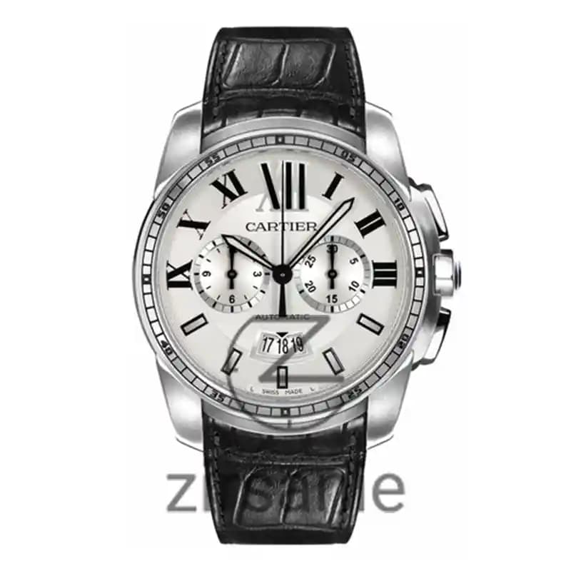 ساعت مچی مردانه کارتیر کالیبر کرنورا سیلور بند چرم Cartier Calibre de Cartier Chronograph Silver Leather Strap