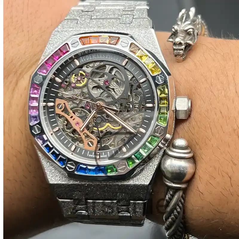 ساعت مچی مردانه اودمار پیگه صفحه اسکلتون سیلور دور نگین Audemars Piguet Silver Skeleton Daimand — تصویر ۷