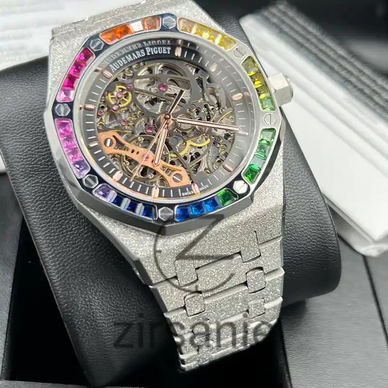 ساعت مچی مردانه اودمار پیگه صفحه اسکلتون سیلور دور نگین Audemars Piguet Silver Skeleton Daimand — تصویر ۳