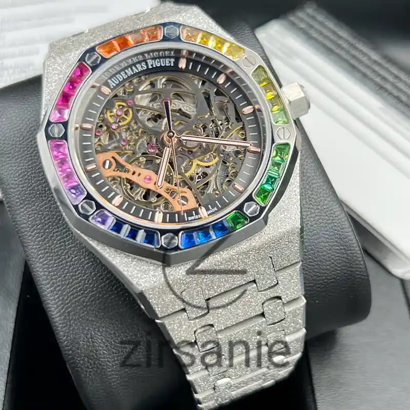 ساعت مچی مردانه اودمار پیگه صفحه اسکلتون سیلور دور نگین Audemars Piguet Silver Skeleton Daimand — تصویر ۲