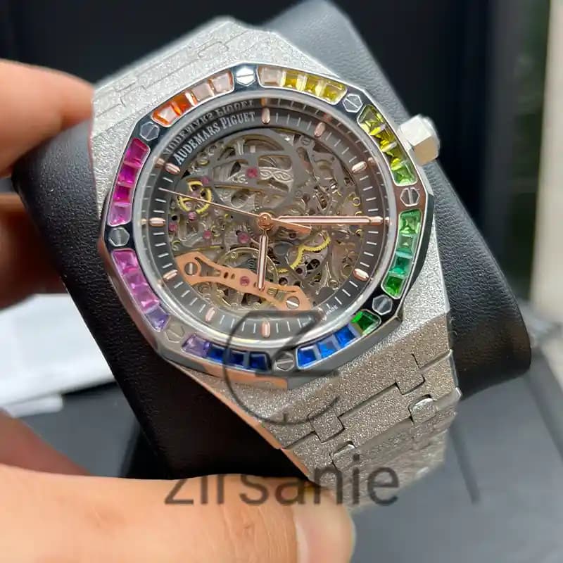 ساعت مچی مردانه اودمار پیگه صفحه اسکلتون سیلور دور نگین Audemars Piguet Silver Skeleton Daimand — تصویر ۴