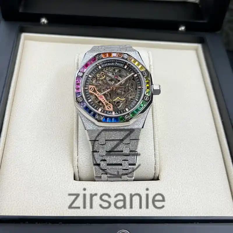 ساعت مچی مردانه اودمار پیگه صفحه اسکلتون سیلور دور نگین Audemars Piguet Silver Skeleton Daimand — تصویر ۸