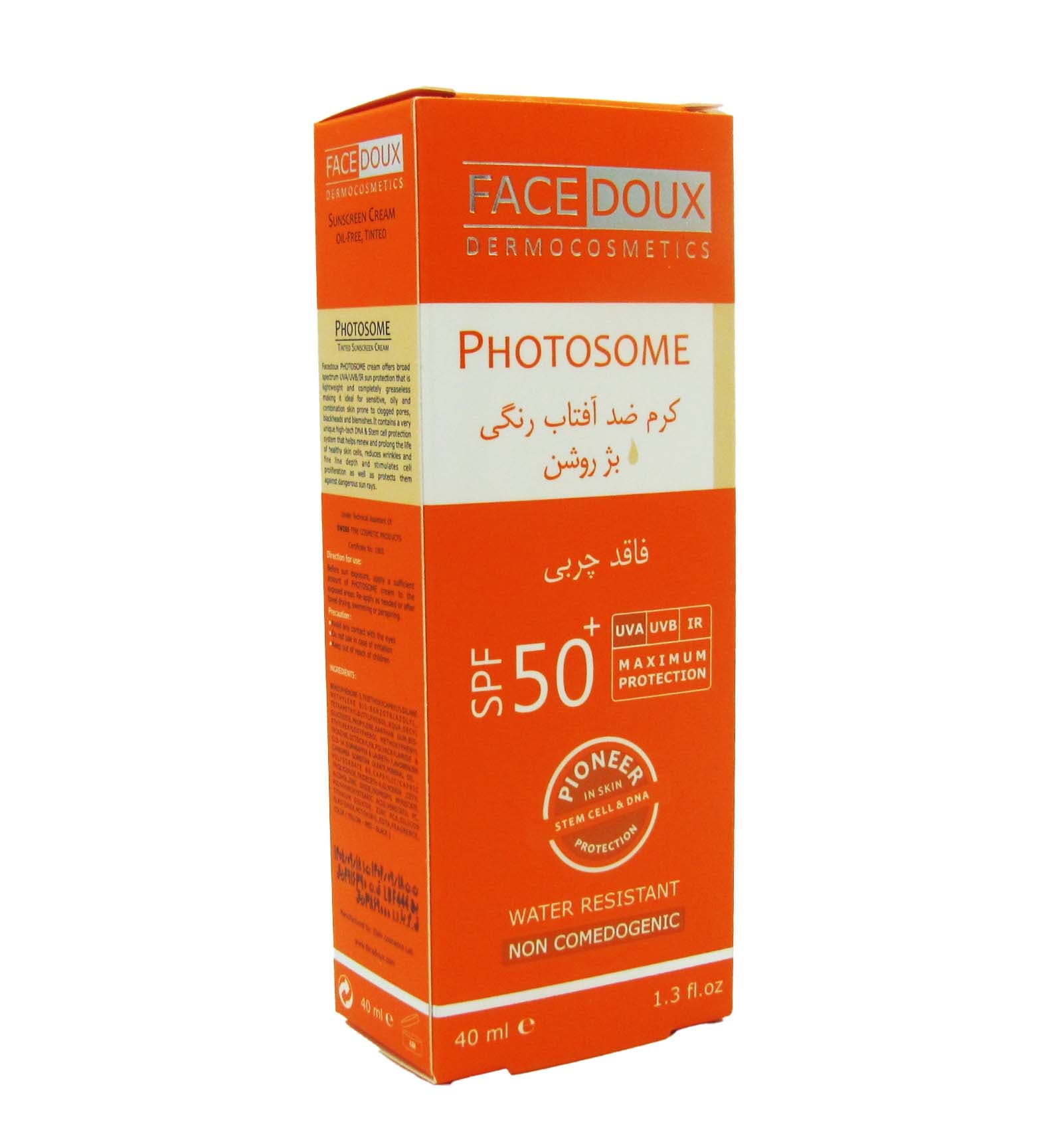 کرم ضد آفتاب فوتوزوم فیس دوکس ⁺SPF50 حجم ۴۰ میلی لیتر بژ روشن فاقدچربی Face Doux Photosome Sunscreen Cream Invisible SPF 50⁺ 40ml