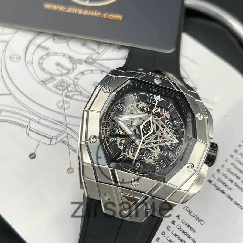 ساعت مچی مردانه هابلوت کهکشانی مستطیلی spirit of big bang sang bleu silver black — تصویر ۳