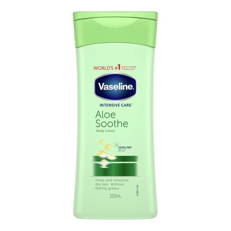 لوسیون بدن تسکین دهنده و رفع آفتاب سوختگی وازلین Vaseline Aloe Soothe مناسب پوست خشک حجم ۲۰۰ میل