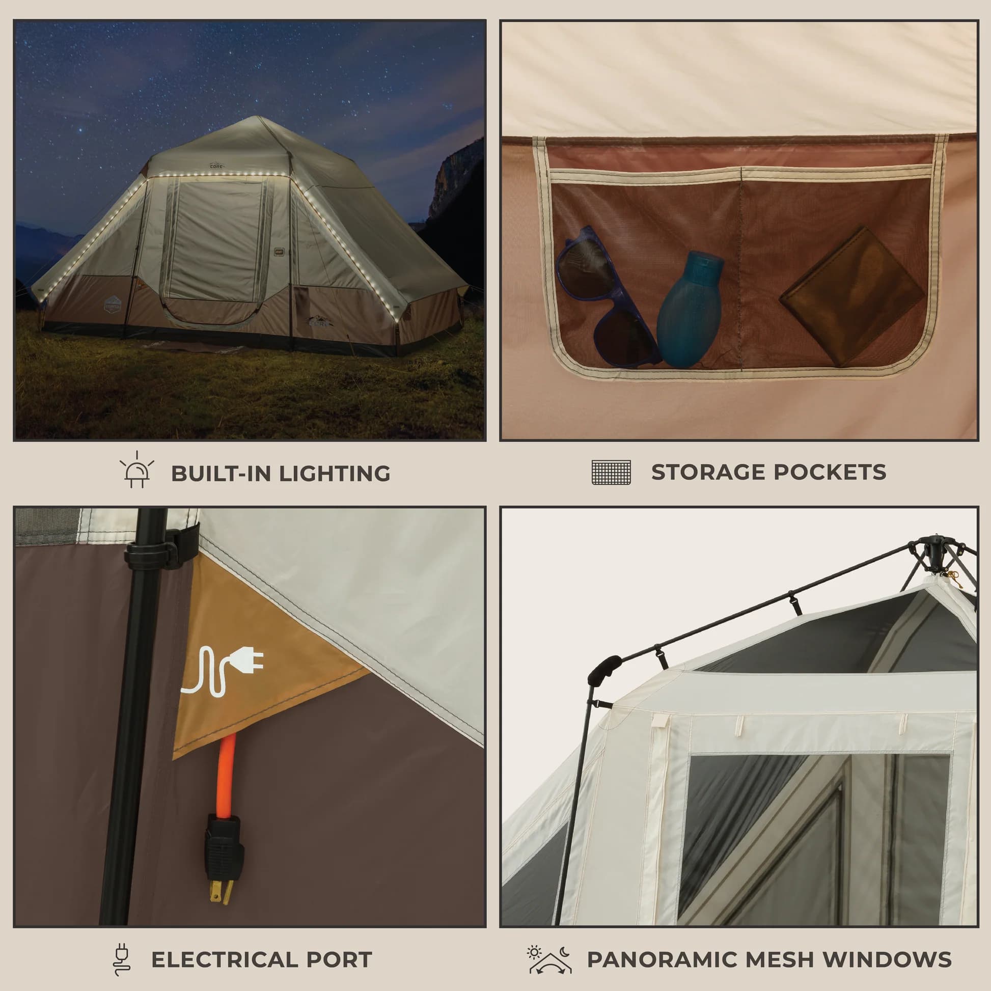 چادر اتومات کر سرخپوستی – 6 نفره چراغ دار کمپینگ Core 6 Person Lighted Instant Pyramid Tent — تصویر ۷