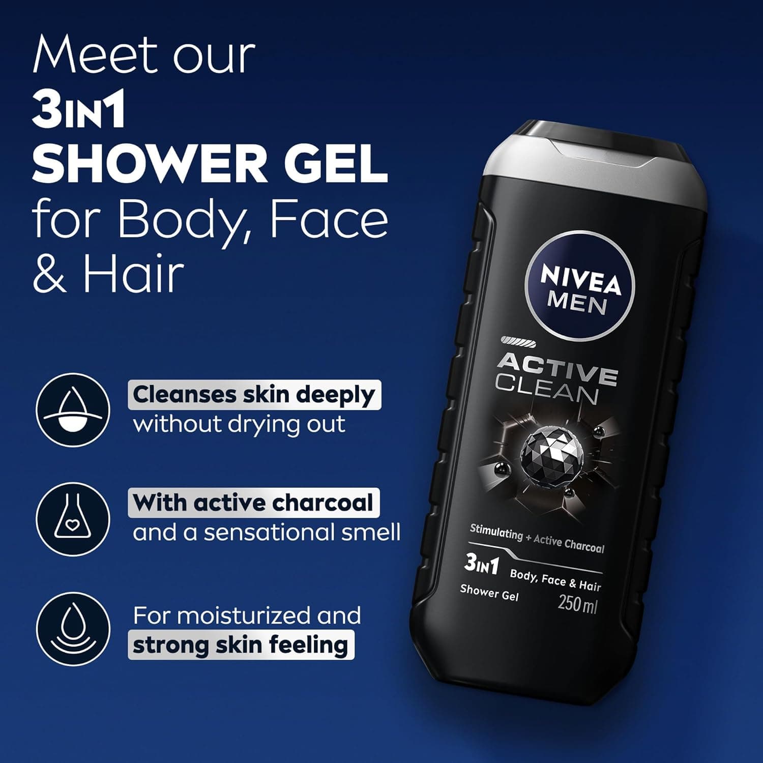 شامپو سر و بدن مردانه نیوا NIVEA ACTIVE CLEAN حاوی زغال فعال حجم 250 میل — تصویر ۳