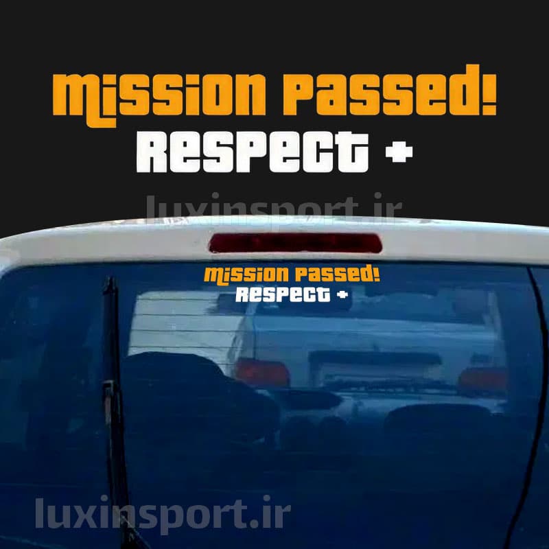 برچسب شیشه خودرو نوشته MISSION PASSED! RESPECT – سفید نارنجی – 29*7 سانت