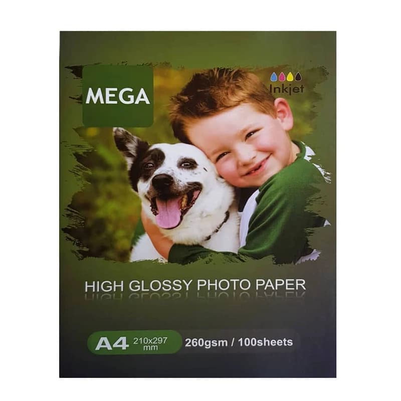 کاغذ فتوگلاسه ضدآب پشت مارکدار 260 گرم سایز A4 بسته 100 عددی مگا Mega