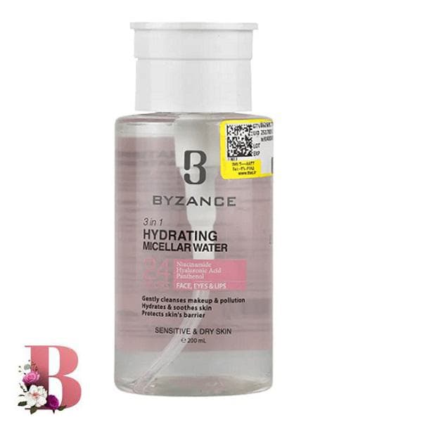 محلول پاک کننده آرایش بیزانس مدل پوست خشک حجم ۲۰۰ میلی لیتر | Byzance 3 In 1 Hydrating Micellar Water for sensetive & dry skin 200 ml